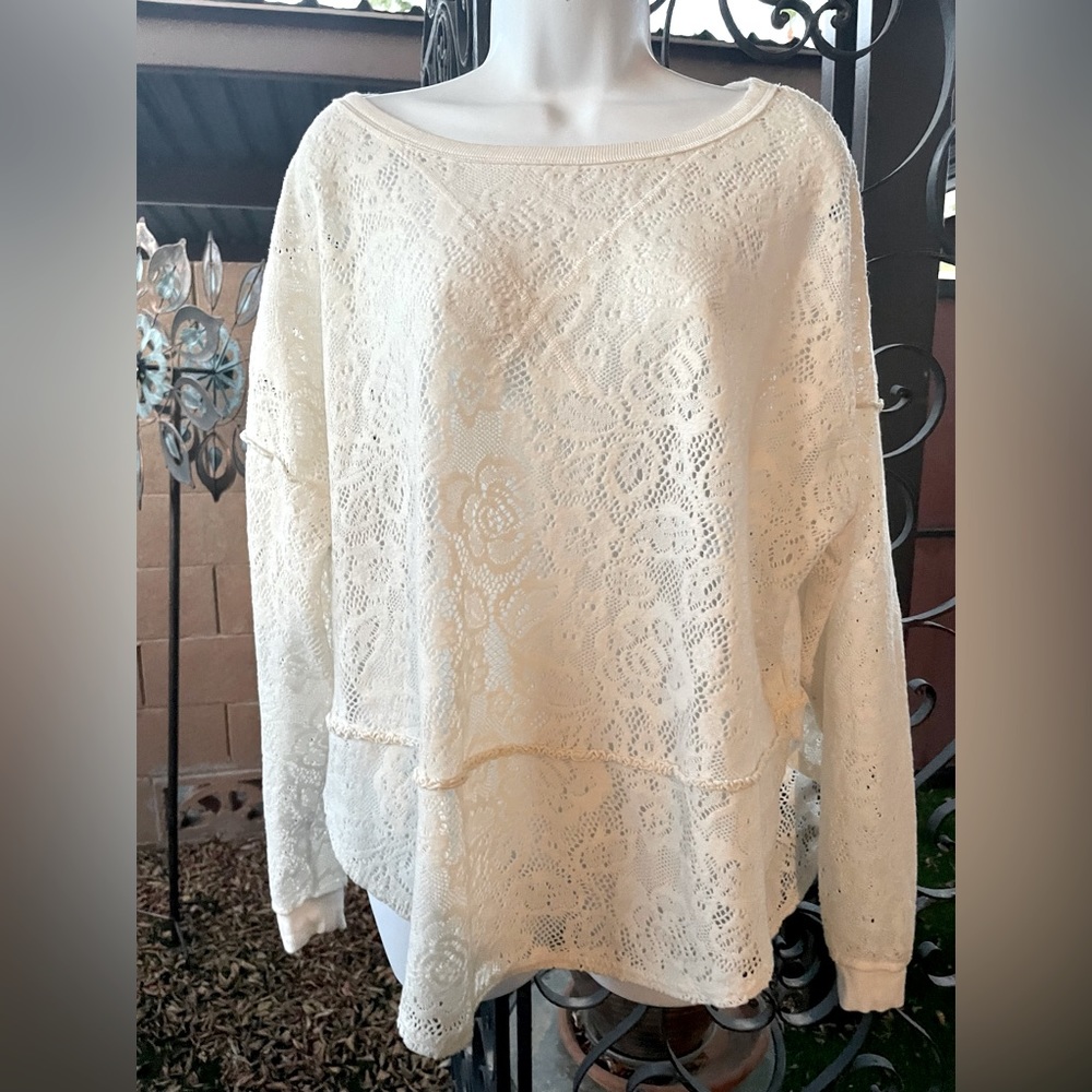 Free People Oversized Crochet Lace Eyelet Sweater Sweatshirt Long Sleeve Top S P - Picture 16 of 16